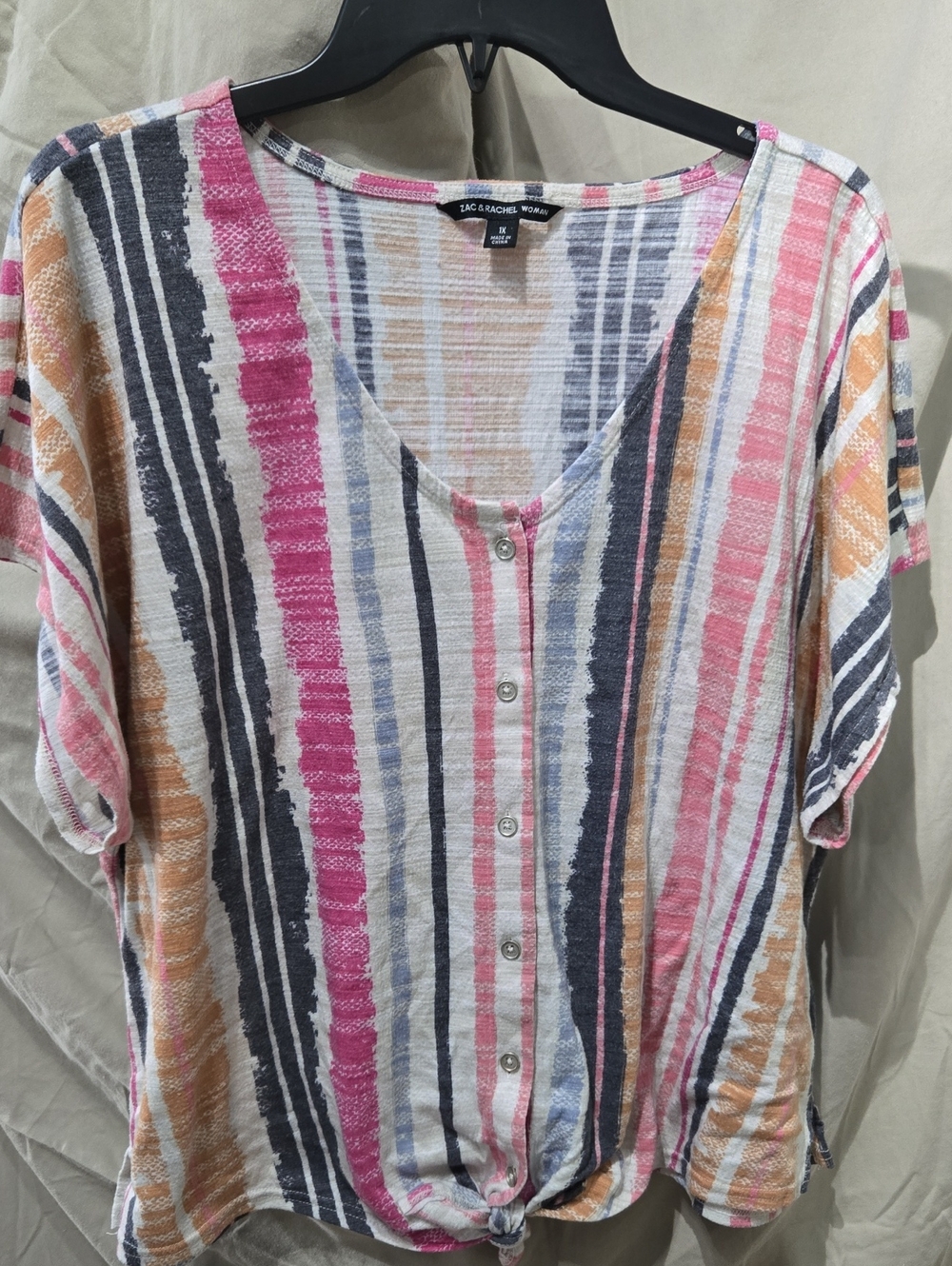 Zac & Rachel Pink Gray Cream Striped Button-Front V-Neck Top